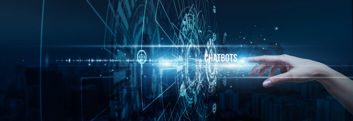 Hand of developer touching responsive chatbots' data automation communication, NLP customer service interaction engagement, and virtual assistant support innovation.
