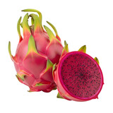 A detailed and pristine professional-grade visual of a whole red dragon fruit with a half sliced next to it, a unique exotic fruit isolated on transparent background.