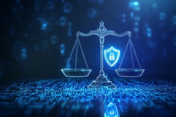 The image features digital scales of justice superimposed over a binary code background and includes cybersecurity lock symbols