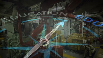 Wall Mural - animation of compass with arrow pointing to education text over industrial machinery