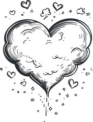 Wall Mural - hand drawn black and white sketch of a fluffy cloud in the shape of a heart with small hearts and st