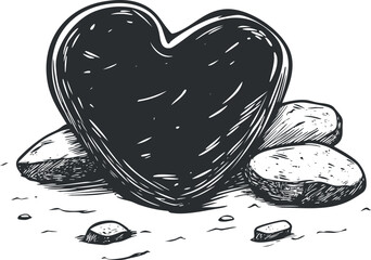 Wall Mural - black and white sketch of a heart-shaped stone among other rocks symbolizing love and nature.
