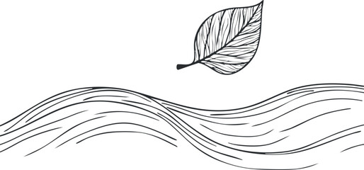 Wall Mural - abstract line art illustration of a single leaf floating above wavy flowing lines representing natur