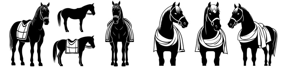 Collection of contemporary black and white horse illustrations showcasing various blankets and saddles on a white backdrop