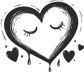 Wall Mural - hand drawn black and white heart illustration with closed eyes and dripping effect symbolizing love 