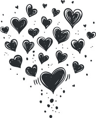 Wall Mural - hand-drawn black heart shapes doodle illustration with scattered small dots on white background