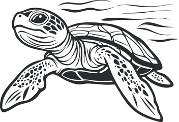 Wall Mural - Black and white illustration of a sea turtle swimming underwater with detailed shell and flippers