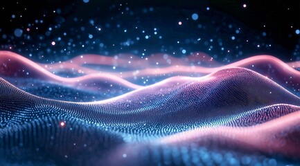 Wall Mural - stunning digital landscape with flowing waves illuminated by vibrant pink and blue lights at nightti