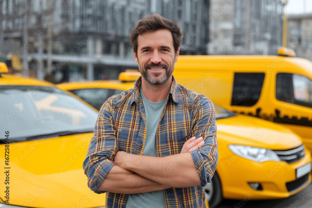 Taxi driver standing confidently in front of yellow cab with folded ...