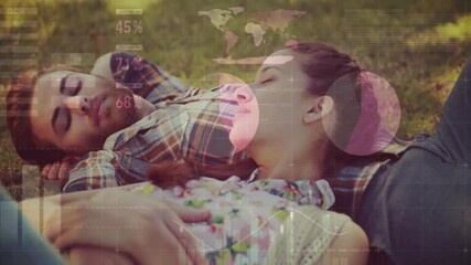Wall Mural - animation of financial data processing over caucasian couple having picnic in park