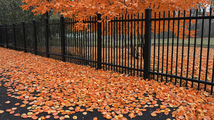 Wall Mural - Bright Orange Autumn Leaves Scattered Near Black Metal Fence