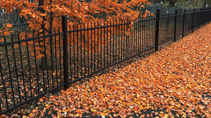 Wall Mural - Bright Orange Autumn Leaves Scattered Near Black Metal Fence