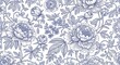 © Taslima - Seamless pattern of blue floral illustration with intricate details on a white background, evoking a classic toile de jouy style for textile or wallpaper design