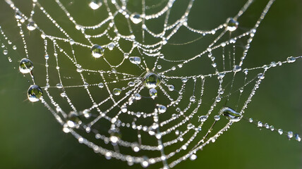 intricate spiderweb glistening with sparkling morning dew droplets, a delicate masterpiece of natura