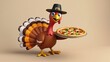 © Aleksandra Prokopenk - 3D cartoon turkey in a pilgrim hat holding a big pizza, cheerful Thanksgiving concept on beige background with copy space. Thanksgiving and pizza delivery