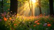 © Denspire - Sunbeams stream through trees onto a meadow of colorful wildflowers