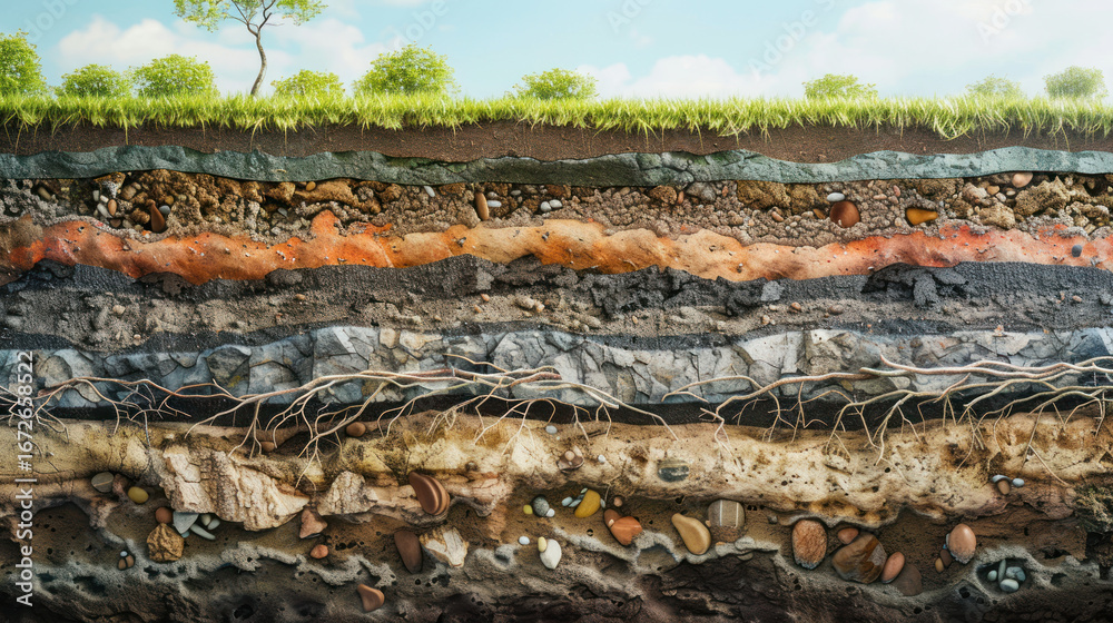 Soil cross section with geological layers and roots Stock Photo | Adobe ...