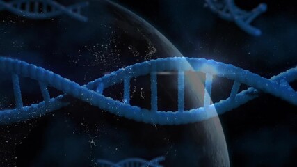 Wall Mural - With dust shimmering, DNA helix shifting, planet and fragment emerging, visualizing genetic link