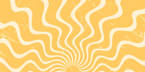 Wall Mural - Groovy retro sun burst orange background with wavy yellow burst form. sun and sunshine motif combine with y2k grunge graphic style, set in a bold horizontal format for vibrant abstract wallpaper.