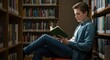 © SimpleDesignStudio - Focused young male student reading a book in the library. Caucasian teenage boy studying for an exam surrounded by bookshelves. Intellectual pursuit and education concept.
