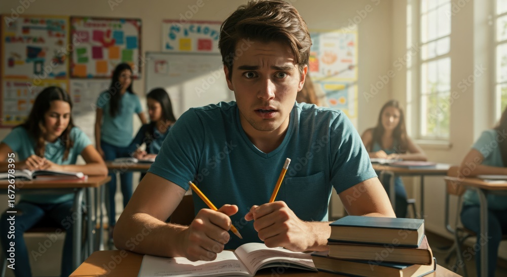 Portrait of a stressed young male student feeling anxious and ...