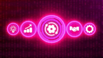 Digital Business Process Icons with Neon Glow on Binary Code Background technology
