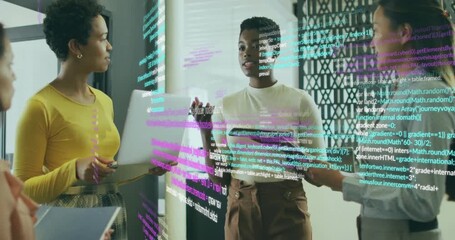 developers initiating code discussion for debugging while animated code overlay drifting on tablets