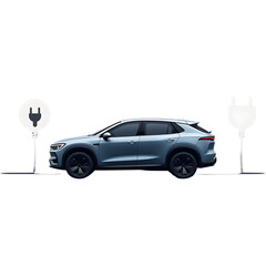  Sleek blue electric SUV shown from the side while connected to a charging station, representing the future of sustainable and eco-friendly transportation technology