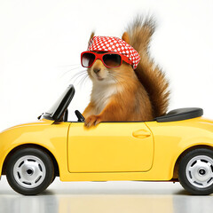  A squirrel wearing sunglasses and a hat driving a yellow convertible car on a white background