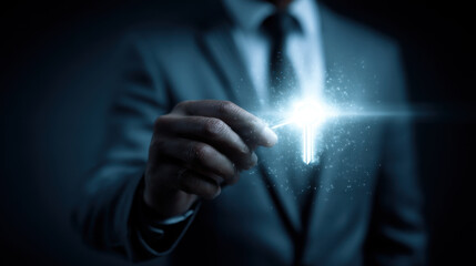 Wall Mural - businessman in suit holds glowing key, symbolizing opportunity and success. dark background enhances
