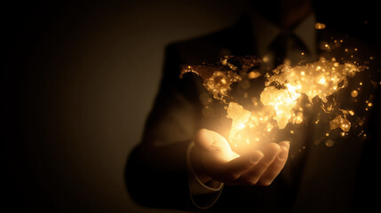 Wall Mural - person in suit holds glowing, golden representation of world, symbolizing global connection and inno