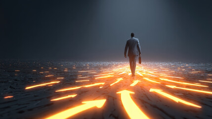 Wall Mural - businessman walks confidently along path illuminated by glowing arrows, symbolizing direction and pu