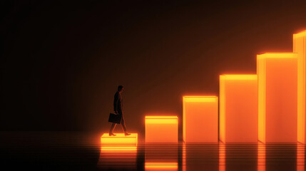 Wall Mural - person in business suit walks up glowing orange steps, symbolizing growth and progress in profession