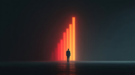 Wall Mural - silhouette of person stands in front of glowing vertical bars that transition from red to orange, sy