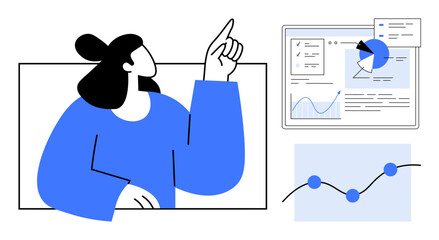 Wall Mural - Female professional pointing at data visuals, including pie charts, line graphs, and progress metrics. Ideal for business analytics, presentation, teamwork, corporate strategy, leadership research