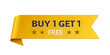 © Quality Materials - Golden Banner of Special Offer: A captivating, photorealistic gold ribbon showcases a striking Buy 1 Get 1 Free promotion, ready to attract attention with a stellar arrangement of stars.