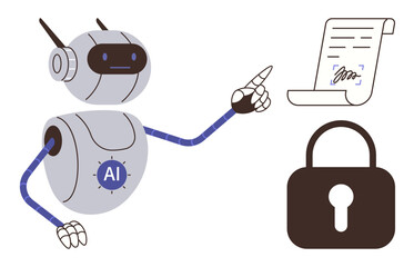 Wall Mural - Humanoid AI robot gesturing toward signed contract and padlock symbol for security. Ideal for AI, automation, technology, cybersecurity, digital contracts, innovation, secure communication. Simple
