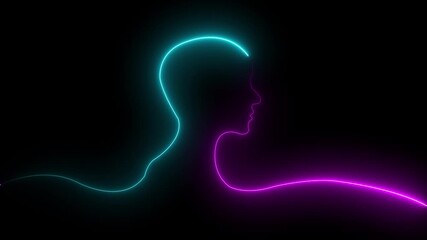 Glowing neon line Human head black background. Neon glowing question.Glowing neon line Head silhouette icon isolated on black background. human head line icon animation.Glowing neon line .4k