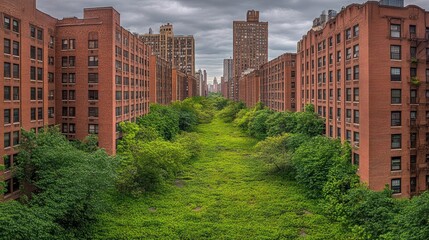 Post-apocalyptic urban landscape featuring overgrown greenery amidst city buildings