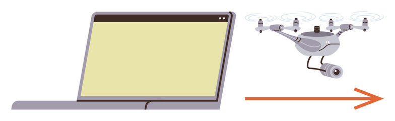 Laptop and drone connected with directional arrow, representing automation, remote control, surveillance, IoT, innovation, data transfer, and collaboration. Ideal for digital future and simple flat
