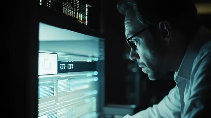 Intense analysis by a dedicated data scientist exploring information on screen at night