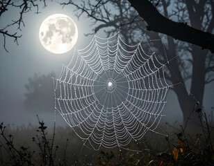 Dark surreal Halloween night with spiderweb glistening in moonlight, fog and tree silhouettes, eerie mysterious mood