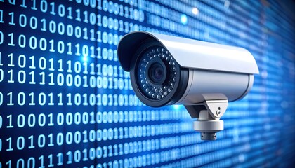 A security camera against a binary code backdrop