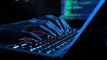 Coding Expertise, Hands on Laptop, Illumination, and Abstract Cybernetic Matrix