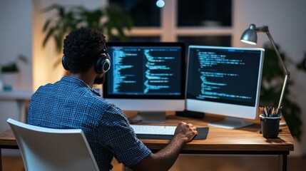 Remote coding session home office digital workspace nighttime over-the-shoulder view focused programmer working on software development