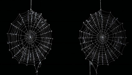 Intricate spiderwebs adorned with dewdrops against a stark black background