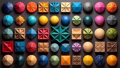 Colorful geometric shapes arranged in a grid pattern on a dark background