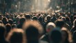© Rifqi - A dense crowd of people walking down a sunlit city street in a blurry background. Concept for urban lifestyle, population growth and social gathering