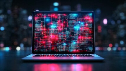 Laptop screen displays abstract code in vibrant red and blue
