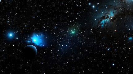 Deep space star field blue nebula distant galaxy glowing star planet cosmic dust dark background mysterious tranquil science fiction astronomy universe night sky celestial outer space exploration